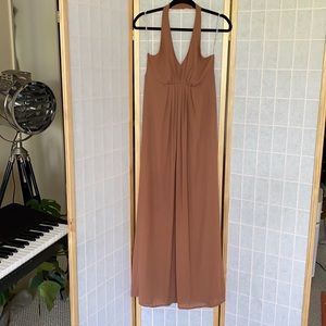 Tan V-neck Halter Chiffon Maxi Dress